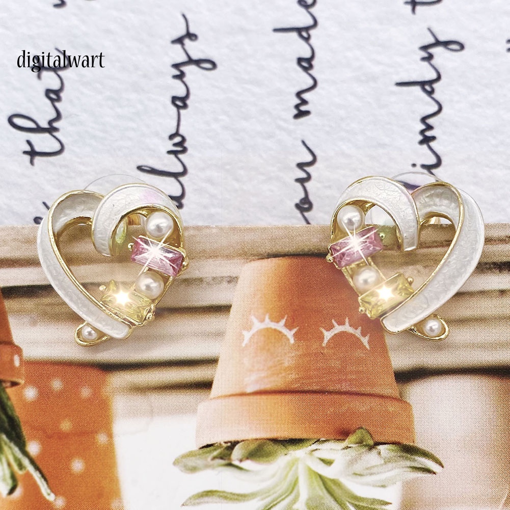 Kỹ Thuật Số| Bông Tai HìNh TráI Tim ĐíNh Đá / NgọC Trai Giả ThờI Trang