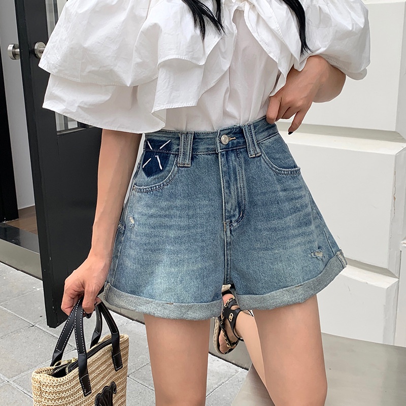Quần Short Denim Lưng Cao Ống Rộng Phong Cách Hàn Quốc Dành Cho Nữ