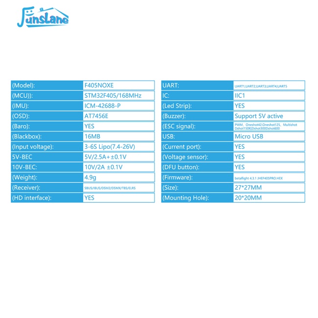 Mạch ĐiềU KhiểN Bay Funlane Jhemcu F405 Noxe Baro Osd Blackbox 5v 10v Bec 3-6s 20x20mm Cho Drone Điều Khiển Từ Xa