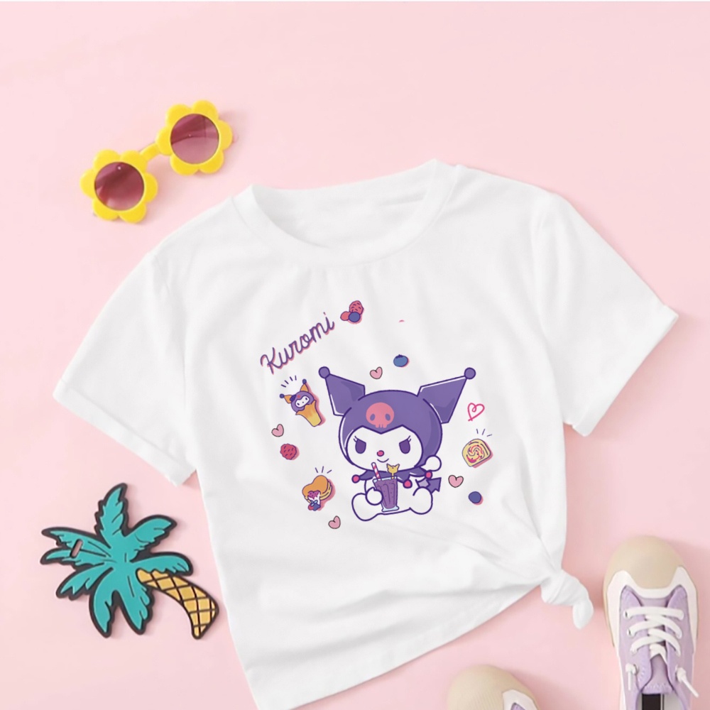 Dễ Thương Kuromi Giai Điệu Bé Gái Áo Thun Tay Ngắn Hoạt Hình Mùa Hè Mới Hoạt Hình Ngọt Ngào Thường Ngày Quần Áo Trẻ Em