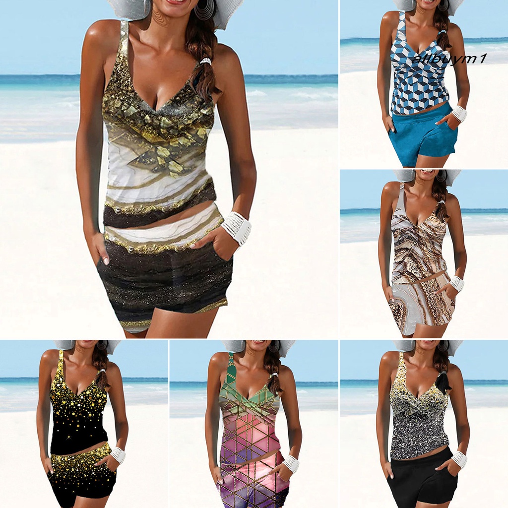 Bộ 2 Món Áo Tank Top Không Tay Cổ Chữ V Sâu In Họa Tiết 3D + Quần Short Lưng Cao Size Lớn Thời Trang Đi Biển Cho Nữ