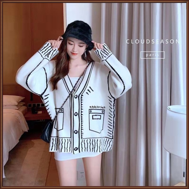 Áo Khoác Cardigan Dệt Kim Dáng Rộng Cỡ Lớn In Hoạt Hình Graffiti Dễ Thương Cho Nữ