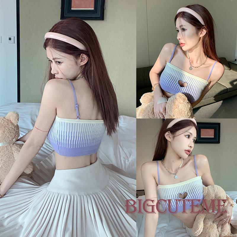 Áo Hai Dây Dệt Kim Họa Tiết Trái Tim Màu Sắc Tương Phản Thời Trang Cho Nữ