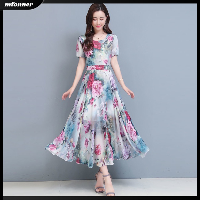 Đầm Dài Cổ Tròn Tay Ngắn Eo Cao In Họa Tiết Hoa Thời Trang Mùa Hè Xinh Xắn Cho Nữ