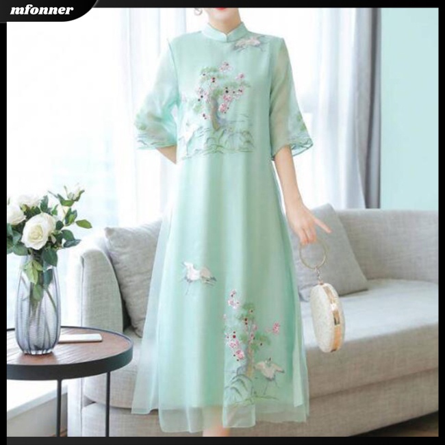 Đầm Hán Phục Tay Ngắn Cổ Tròn In Họa Tiết Dân Tộc Trung Hoa Thời Trang Mùa Hè Cho Nữ