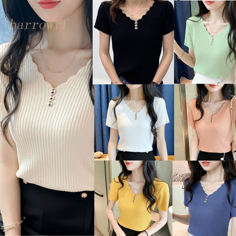 Áo Dệt Kim Nữ Tay Ngắn Cổ Chữ V Màu Trơn Thời Trang