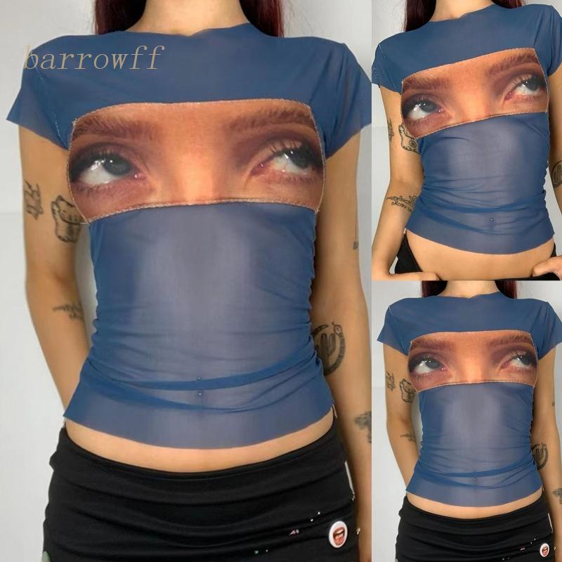 Brroa Áo Croptop Tay Ngắn Phối Lưới Xuyên Thấu In Họa Tiết Đôi Mắt Độc Đáo Thời Trang Mùa Hè