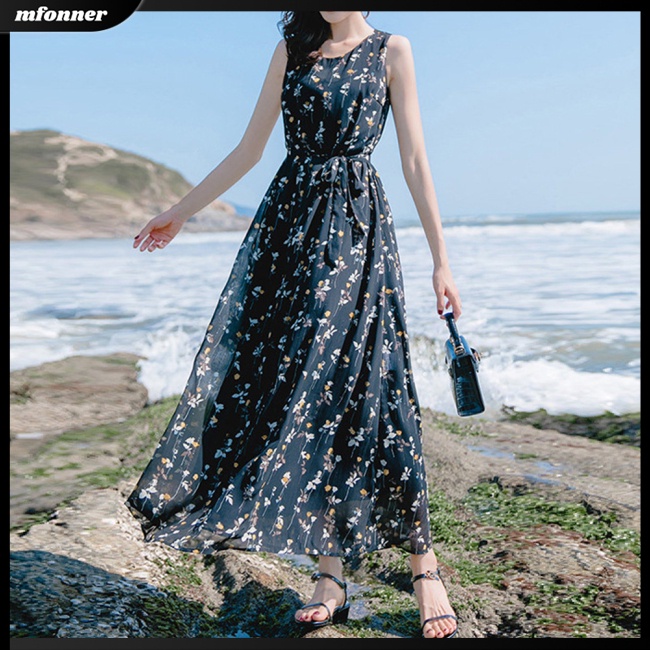 Đầm Dài Sát Nách Cổ Tròn Eo Co Giãn In Họa Tiết Hoa Cho Nữ