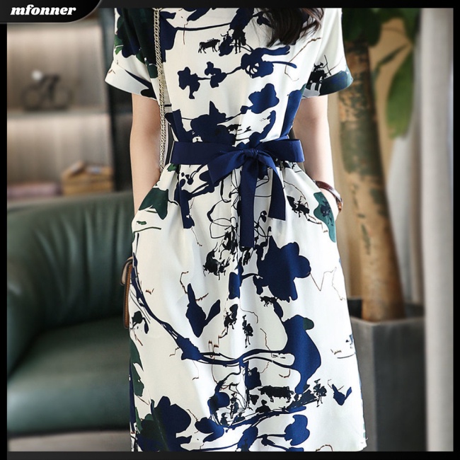 Đầm Midi Dáng Chữ A Tay Ngắn Cổ Tròn Cột Dây In Họa Tiết Phong Cách Trung Hoa Tinh Tế Thời Trang Cho Nữ