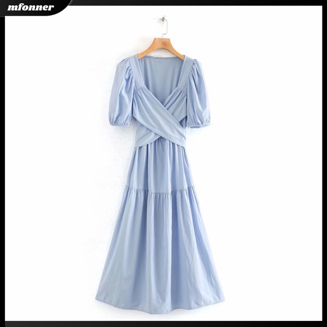 Đầm Dài Tay Ngắn Phồng Cổ Chữ V Màu Trơn Thanh Lịch Thời Trang Mùa Hè Dành Cho Nữ