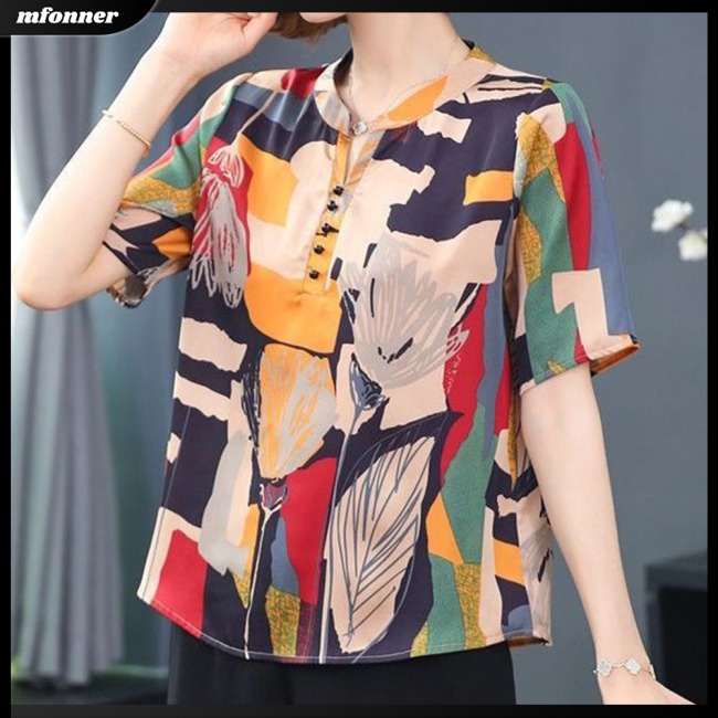 Áo Sơ Mi Tay Ngắn Cổ Đứng Dáng Rộng In Họa Tiết Kiểu Retro Thời Trang Mùa Hè Cho Bạn Gái