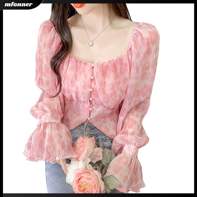 Áo Voan Cổ Vuông Tay Loe Xếp Ly In Họa Tiết Phong Cách Pháp Cổ Điển Thời Trang Cho Nữ