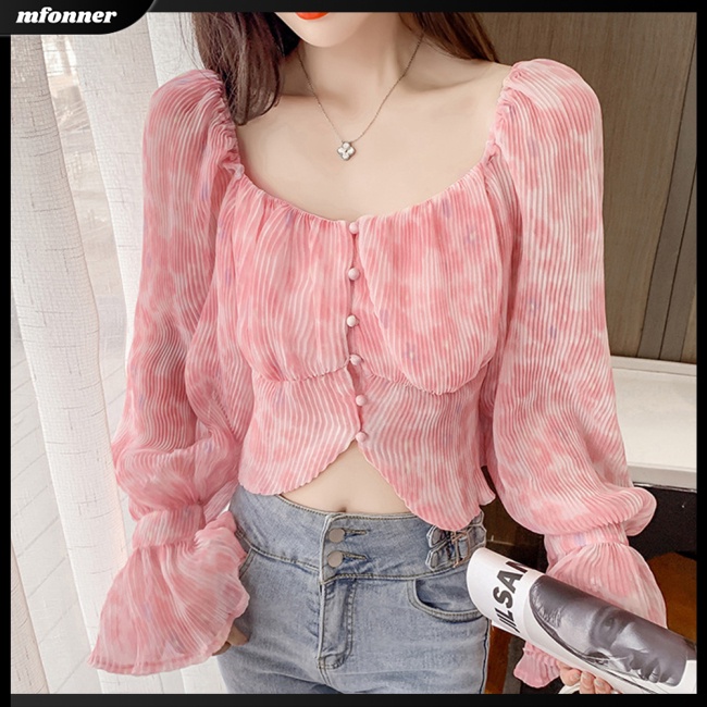 Áo Voan Cổ Vuông Tay Loe Xếp Ly In Họa Tiết Phong Cách Pháp Cổ Điển Thời Trang Cho Nữ