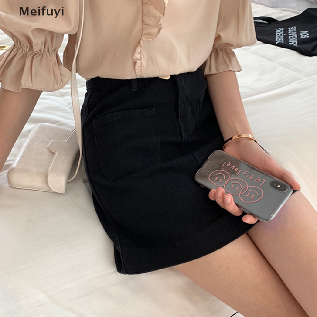 [Meifuyi] Chân Váy Denim Dáng Chữ A Mini Lưng Cao Màu Trơn Phối Túi Thời Trang Thường Ngày Cho Nữ