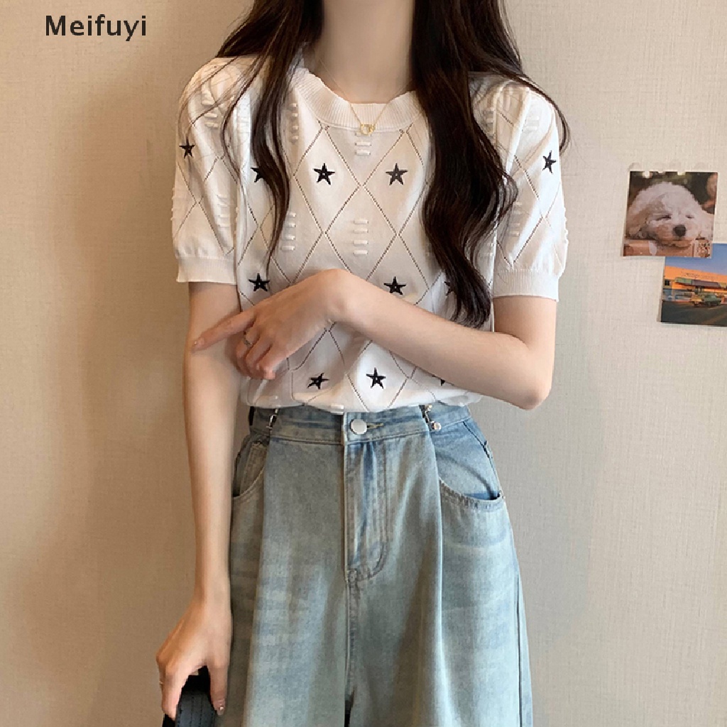 Áo Thun Dệt Kim Tay Ngắn Cổ Tròn Thêu Hình Ngôi Sao Phong Cách Retro Dành Cho Nữ