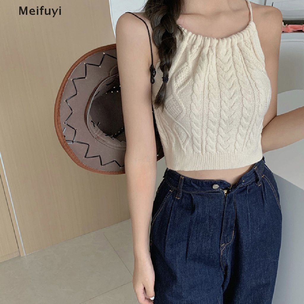 [Meifuyi] Áo Crop Top Dệt Kim Crop Top Không Tay Hở Lưng Phối Ren Rỗng