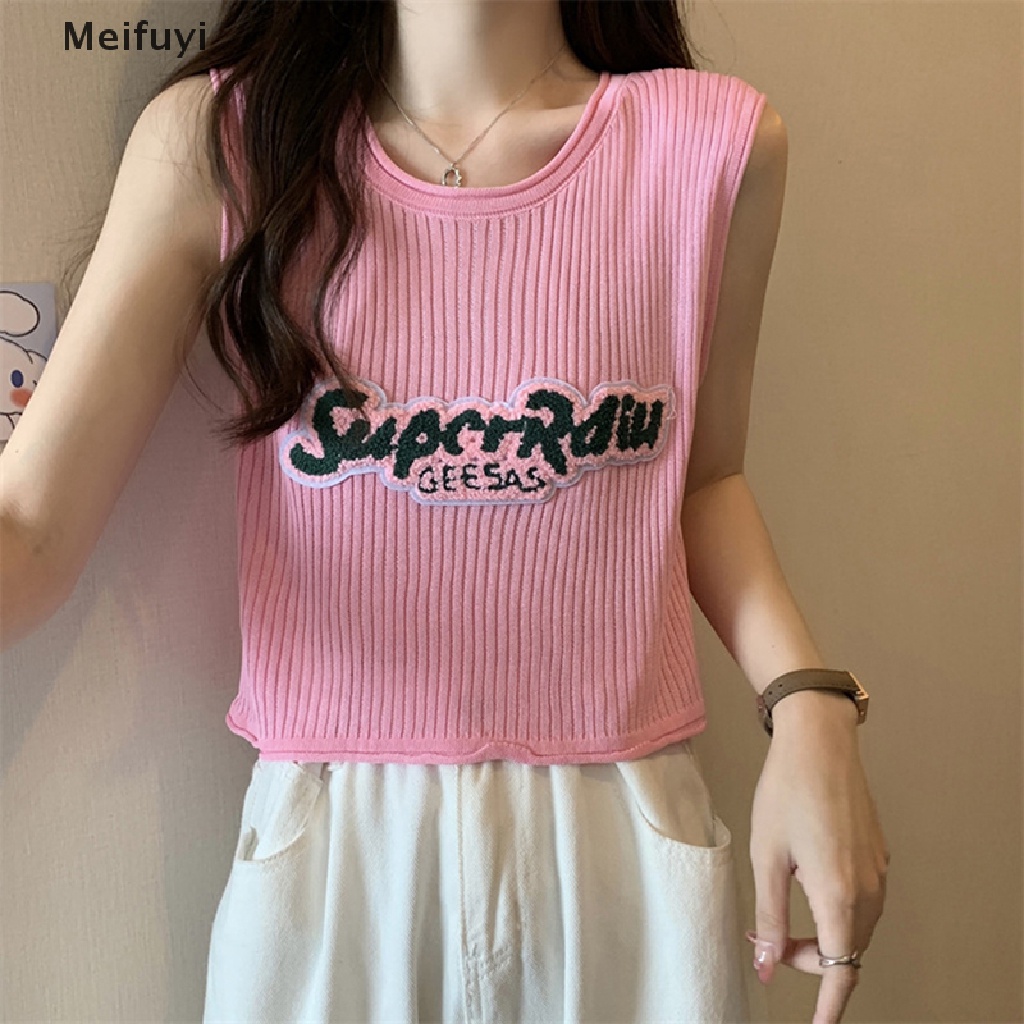 Áo Croptop Dệt Kim Sát Nách Dáng Rộng Thêu Chữ Thời Trang Mùa Hè Cho Nữ