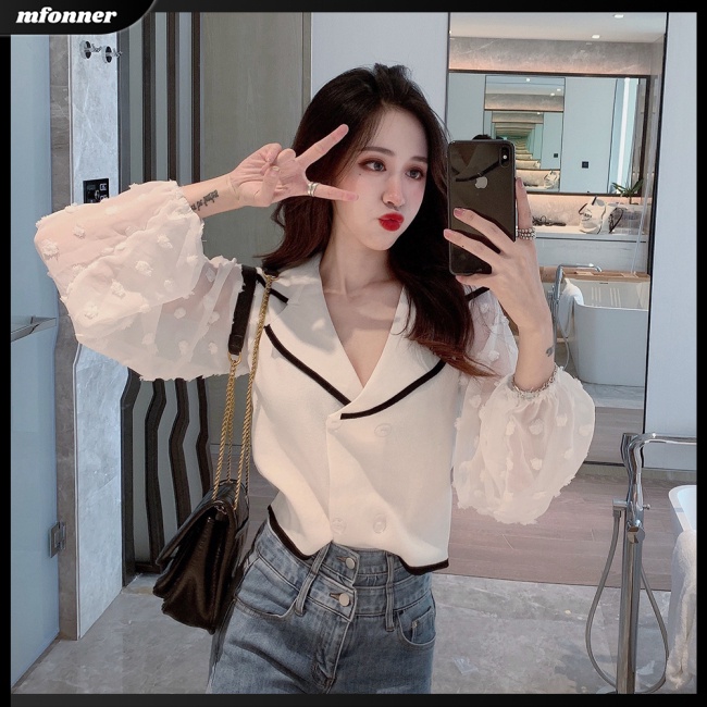 Áo Sweater Dệt Kim Tay Dài Cổ Chữ V Phối Lưới Dáng Ngắn Thời Trang Cho Nữ