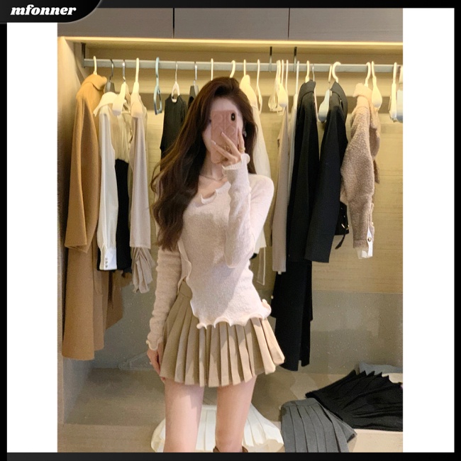 Mv Áo Sweater Dệt Kim Dáng Ôm Vừa Vặn Với Da Diềm Xếp Nếp Thân Thiện Với Làn Da Co Giãn Tốt Màu