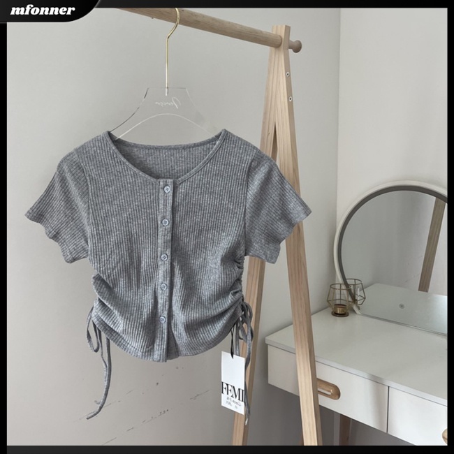 Áo Thun Croptop Tay Ngắn Cổ Tròn Màu Sắc Đơn Giản Cho Nữ