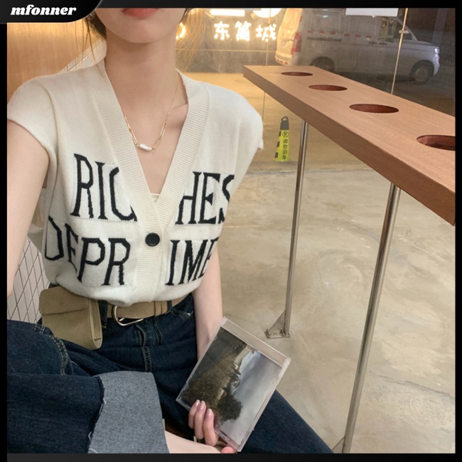 Áo Khoác Cardigan Dệt Kim Dáng Rộng Cổ Chữ V Màu Trơn In Chữ Thời Trang Cho Nữ