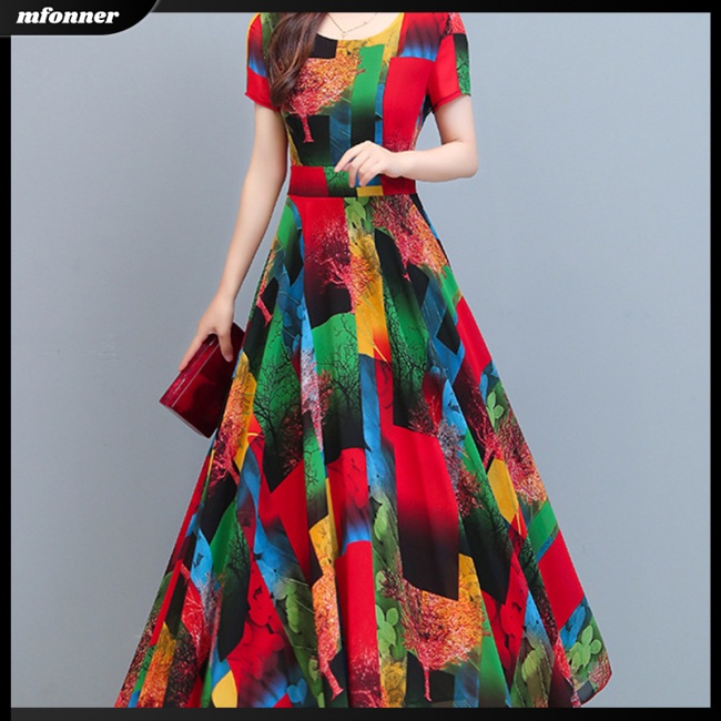 Đầm Tay Ngắn Cổ Tròn Dáng Chữ A In Họa Tiết Thời Trang Cho Nữ