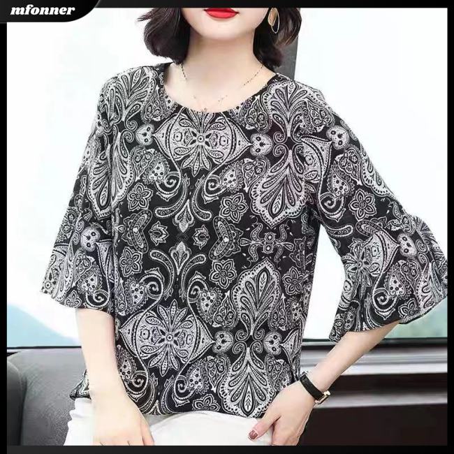 Áo Thun Tay Loe Cổ Tròn In Họa Tiết Retro Thời Trang Mùa Hè Cho Nữ