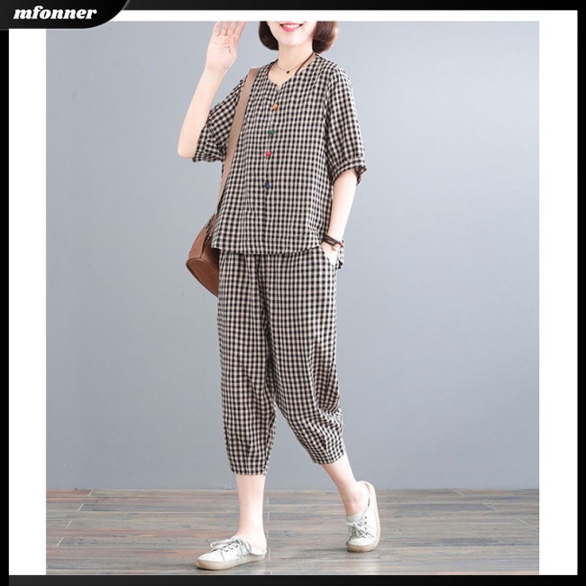 Set Đồ 2 Món Áo Croptop Tay Ngắn Và Quần Dài Họa Tiết Caro Thời Trang Cho Nữ