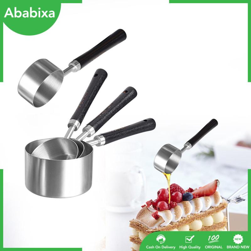 Bộ 4 Cốc Đo Lường Bằng Thép Không Gỉ Với Tay Cầm Bằng Gỗ Tiện Dụng Cho Nhà Bếp
