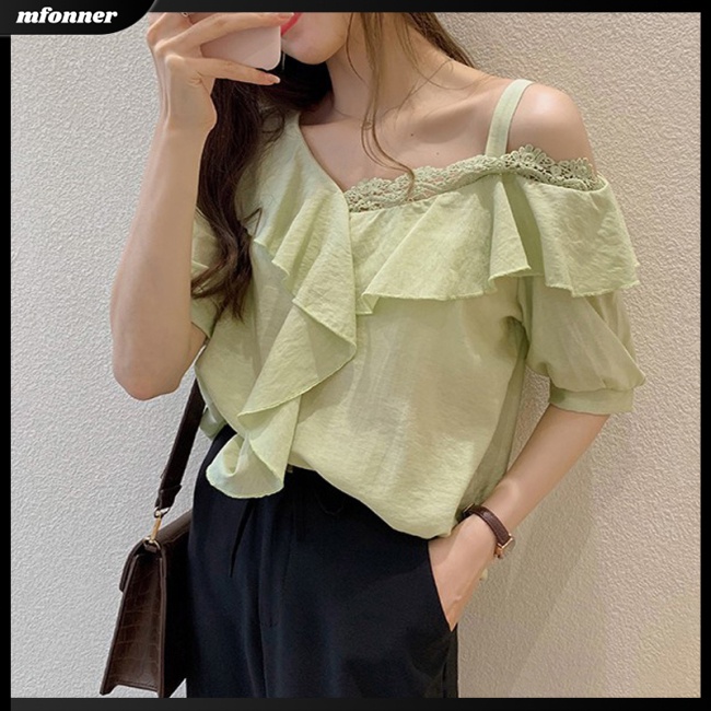Áo Kiểu Chiffon Tay Ngắn Trễ Vai Màu Sắc Ngọt Ngào Thời Trang Mùa Hè Cho Nữ