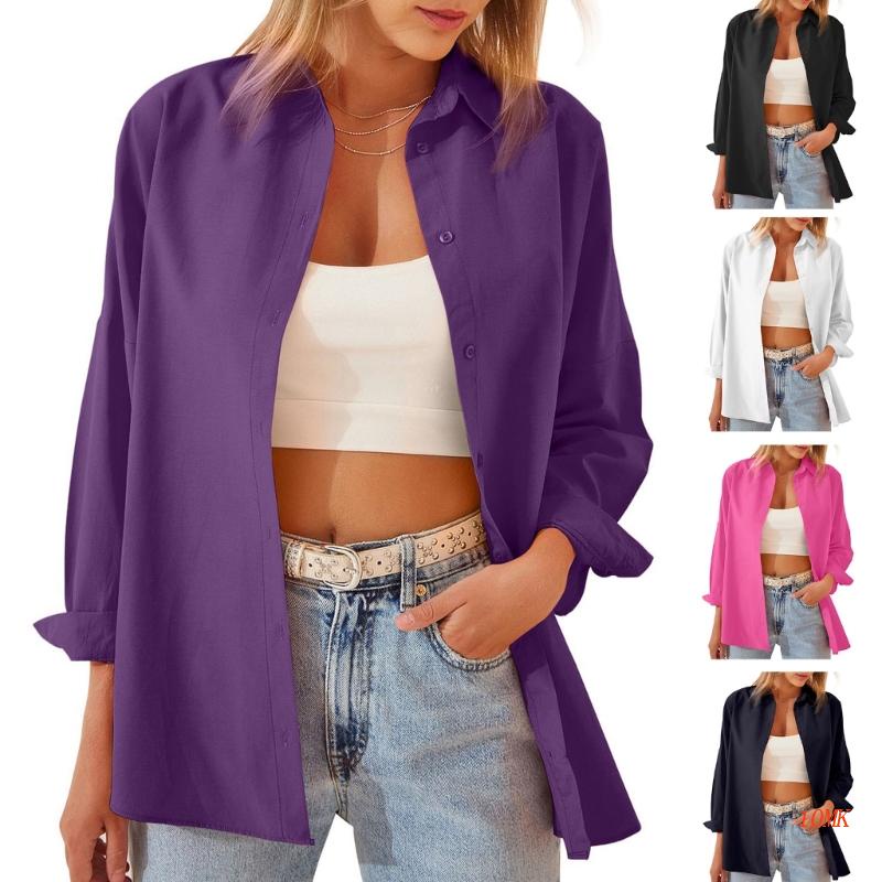 Áo Sơ Mi Tay Dài Cổ Bẻ Cài Khuy Màu Trơn Xinh Xắn Cho Bạn Gái