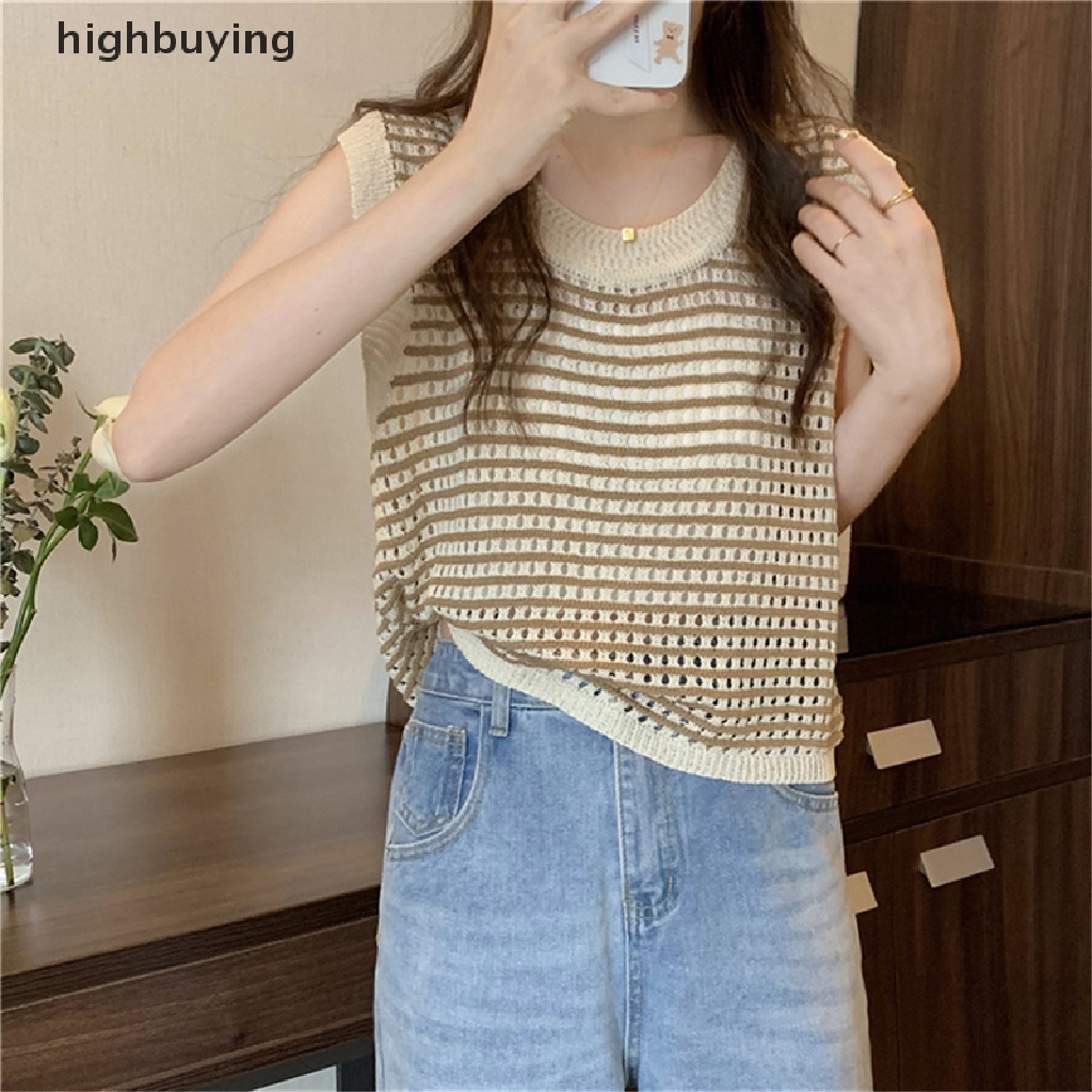 Áo Dệt Kim Không Tay Dáng Rộng Họa Tiết Kẻ Sọc Thời Trang Mùa Hè Cho Nữ