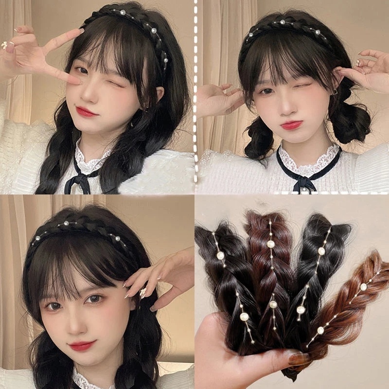 Băng Đô Cài Tóc Giả Thắt Bím Xương Cá Đính Ngọc Trai Phong Cách Hàn Quốc Dành
