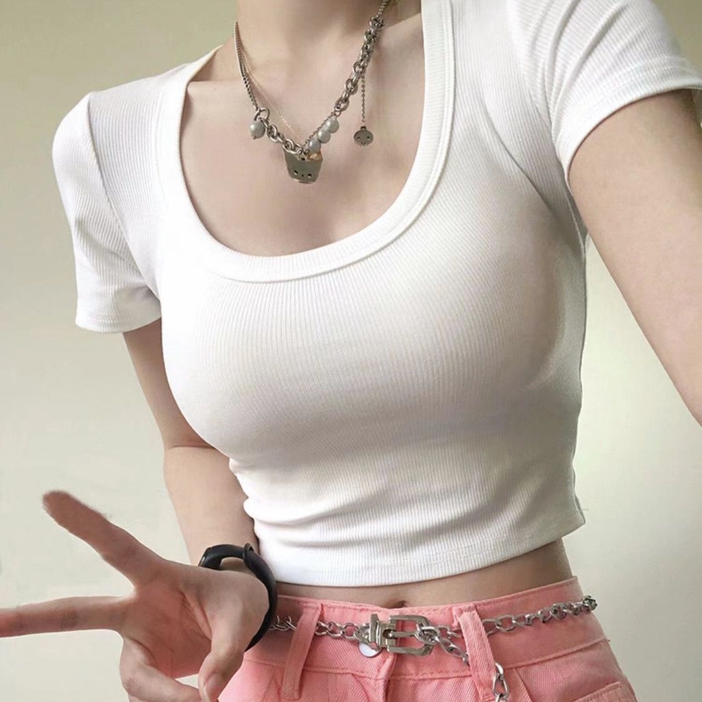 Áo Thun Cotton Ngắn Tay Cổ Chữ U Màu Trắng Đen Thời Trang Mùa Hè Cho Nữ
