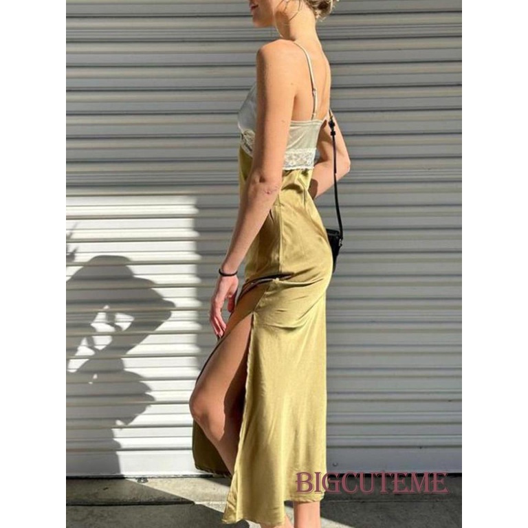 Đầm Dài Không Tay Cổ Chữ V Phối Ren Hở Lưng Thời Trang Mùa Hè Cho Nữ
