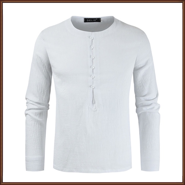 Áo Sơ Mi Cotton Lanh Cổ Tròn Tay Dài Màu Trơn Thời Trang Mùa Hè Cho Nam Giới