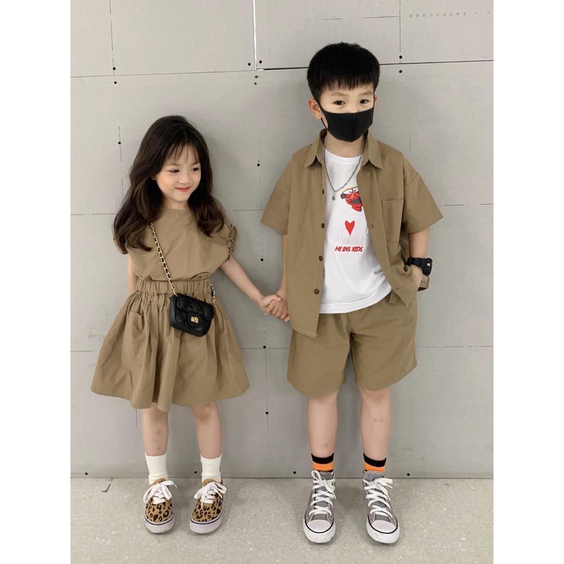 Bộ Áo Sơ Mi Cotton Tay Ngắn + Chân Váy Ngắn Phong Cách Hàn Quốc Thời Trang Mùa Hè Cho Nam Và Nữ