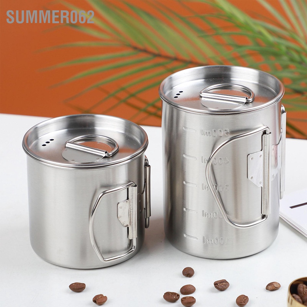 Summer062 Cốc cắm trại bằng thép không gỉ có nắp ngăn ngừa rỉ sét thể gập lại để đi bộ đường dài ngoài trời