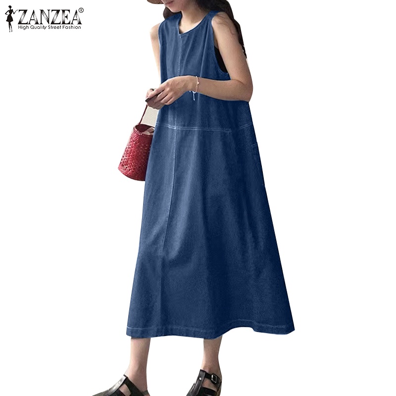 Đầm denim ZANZEA không tay thời trang đường phố cá tính cho nữ