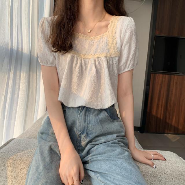 Áo Chiffon Tay Ngắn Cổ Vuông Phối Ren Thời Trang Mùa Hè Hàn Quốc Mới Cho Nữ