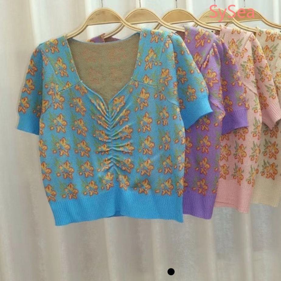 Áo Croptop Dệt Kim Tay Phồng In Hoa Kiểu Hàn Quốc Thời Trang Mùa Hè Cho Nữ