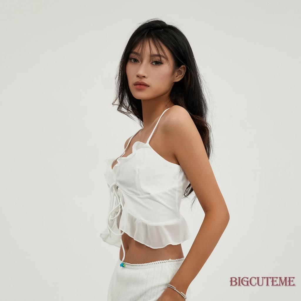 [] Áo Crop Top Hai Dây Màu Trơn Cột Dây Phía Trước Thời Trang Mùa Hè Cho Nữ