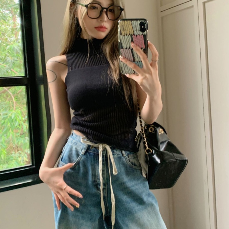 COZOK Áo Dệt Kim Sát Nách Cổ Cao Phối Lưới Quyến Rũ Cho Nữ