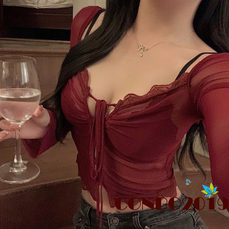 Áo Thun Crop Top Tay Dài Phối Ren Lưới Cổ Thấp Thời Trang Xuân Hè Cho Nữ
