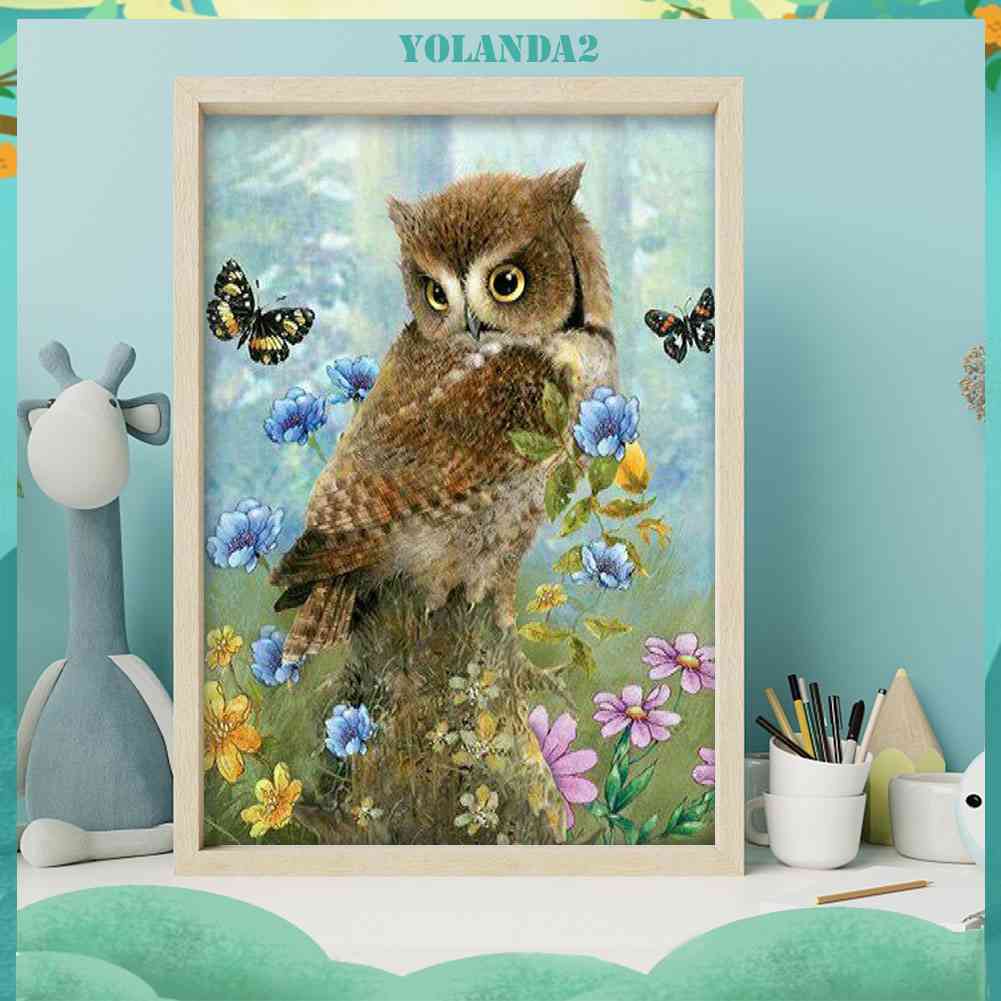 Tranh Đính Đá Kim Cương Toàn Bộ 5D DIY Hình Vẽ Con Cú Và Bướm