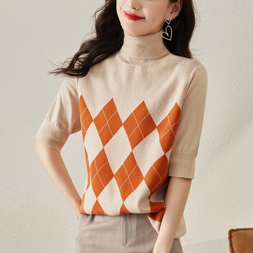 Áo Thun Dệt Kim Mỏng Cổ Cao Tay Lửng Dáng Rộng Phong Cách Phương Tây Thời Trang Xuân Hè Dành Cho Nữ