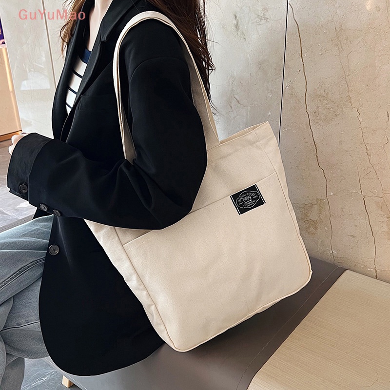 [cxGUYU] Túi Tote Xách Tay Đeo Vai Bằng Vải Bạt Cotton Sức Chứa Lớn Màu Trơn Tái Sử Dụng Được Cho Nữ PRTA