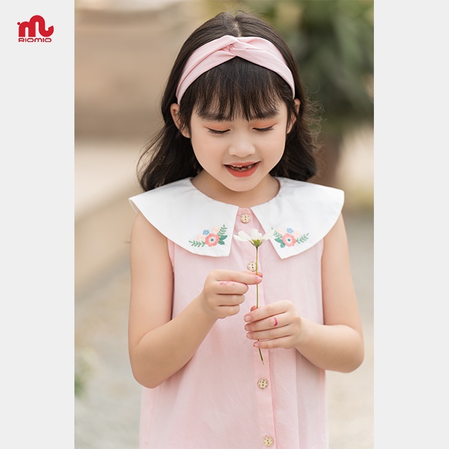 Váy sát nách bé gái Riomio đầm thô cotton cao cấp cổ bẻ thêu hoa 3,4,5,6,7,8,9 tuổi dã ngoại đi học RV575