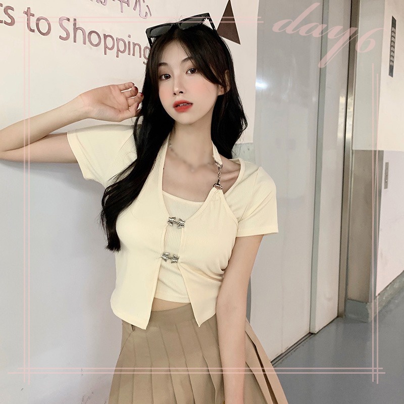 Áo Thun Ngắn Tay Giả Hai Lớp Phong Cách Hàn Quốc Dành Cho Nữ