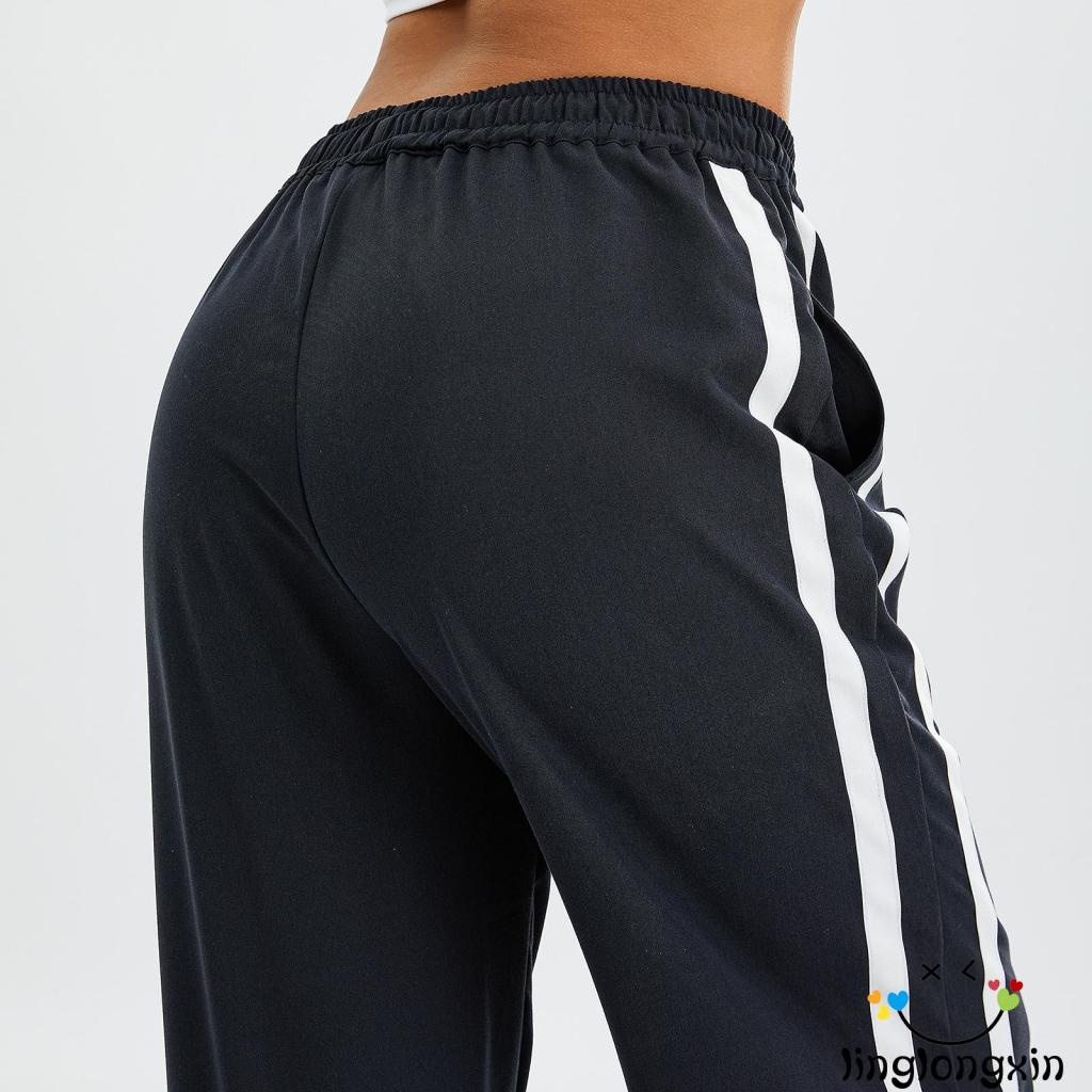 Linglongxi2-quần Baggy Eo Co Giãn Ghép Nối Kẻ Sọc